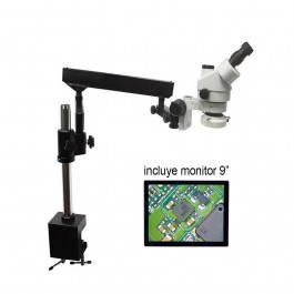 Microscopio trinocular, de 7-45X aumentos, modelo HU708A con soporte Tipo-B, incluye monitor de 9", y luces LED