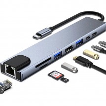 Adaptador Hub USB Tipo-C 8 en 1 Ethernet Hdmi SD/TF carga rápida 